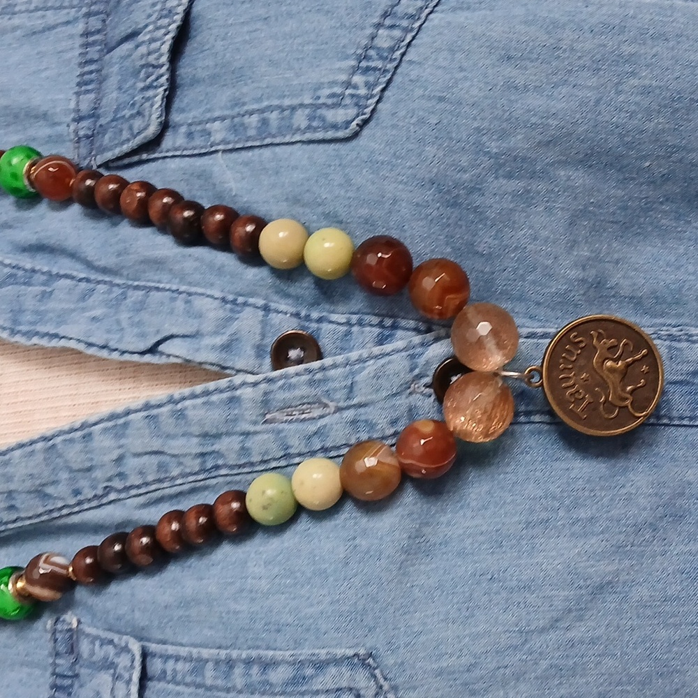 Handcrafted Beaded Bohemian Necklace with Pendant Copper Taurus Charm